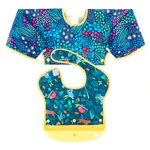 Bumkins Silicone Bibs for Girl or Boy, Baby and Toddler 6-24 Mos, Essential Must Have for Eating, Feeding, Combination Fabric SuperBib and Long Sleeve with Attachable Pocket Food Catcher, Jungle
