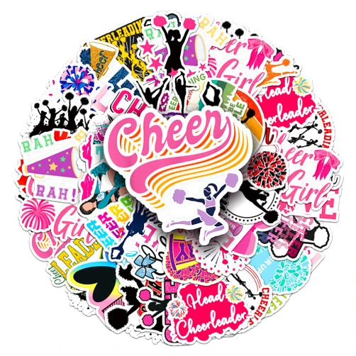 Aiwuding Cheerleader Stickers Pack, 50PCs Pink Cheering Girl Stickers for Hydro Flask, Laptop, Water Bottle, Waterproof Vinyl Decals for Girls, Teens, Fans(Cheer Cheer)