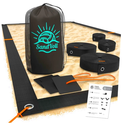 SandVoll Beach Volleyball Lines for Sand - Portable 2 inch Boundary Lines Set for Outdoor + Sand Anchors and Net Bag. Official Court Size Dimensions (26.3' x 52.6')