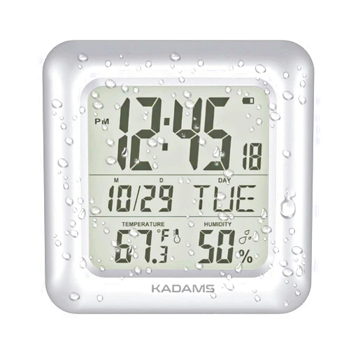 KADAMS Bathroom Clock Wall with Shatterproof LCD Screen – Waterproof Shower Clock Water Resistant with Temperature & Humidity Display Calendar in 7 Languages with 4 Installation Options, Silver