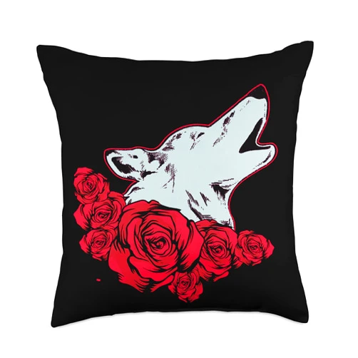 Pack Of Wolves Predator Animal Wolf Moonlight Floral Wolf Portrait Pack Animal Flowers Predator Rose Wolf Throw Pillow
