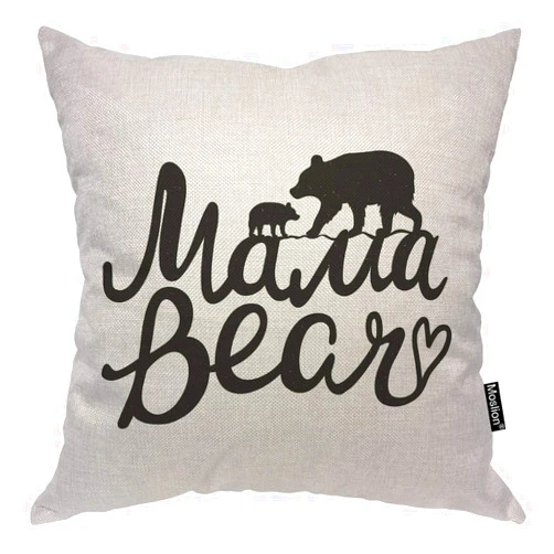 Moslion Mama Bear Throw Pillow Cover Bear Silhouette Funny Quote Cute Animal Cartoon Black Square Pillow Case Cushion Cover for Home Car Decorative Cotton Linen 18x18 Inch