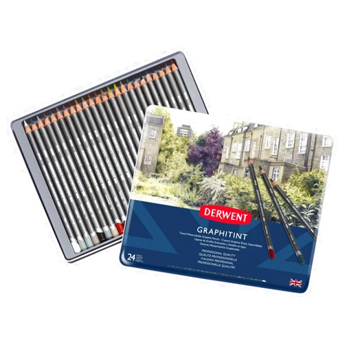 Derwent Graphitint Pencils Tin, Set of 24, Great for Holiday Gifts, Unique Blend of Graphite and Color, Watersoluble, Ideal for Mixed Media, Professional Quality (0700803)