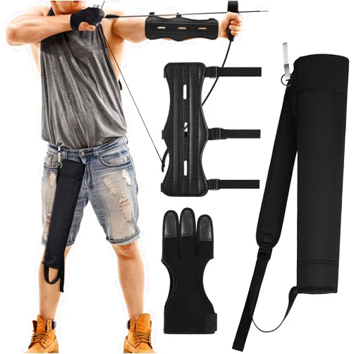 Meooeck 3 Pcs Archery Accessories Including Protective Archery Arm Guard Leather Padded Three Finger Hunting Gloves Back Arrow Quiver Hip Arrows Bag for Men Women Youth Adults Beginners Hunting Shooting