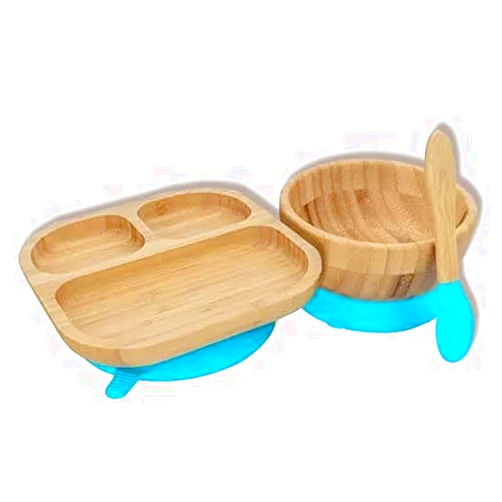 Youkoo kitchen Baby Toddler Stay Put Dish, Kids Suction Plate & Bowl, Bamboo Cute Dinnerware (Blue Set)
