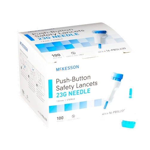 McKesson 16-PBSL23G SAFETY Lancet Fixed Depth Lancet Needle 1.8 mm Depth 23 Gauge Push Button (Pack of 100)