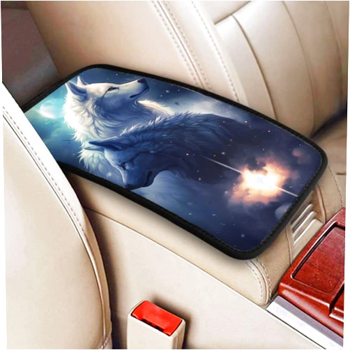 Indokyeyqaz Universal Car Center Console Cushion Pad, Black and White Wolf Soft Waterproof Car Center Console Cover Auto Armrest Seat Box Cover Protector for Most Vehicle SUV Truck Car