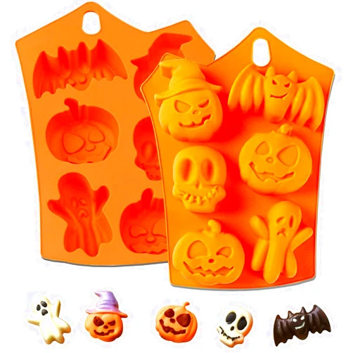 OMDBAGD 2Pcs Halloween Silicone Cake Mold，Pumpkin Bat Skull Ghost Shape Silicone Candy Chocolate Molds for DIY Cookies Soap Candy Gummy Chocolate Mold Ice Cream Tray for Kitchen DIY Baking Tools…