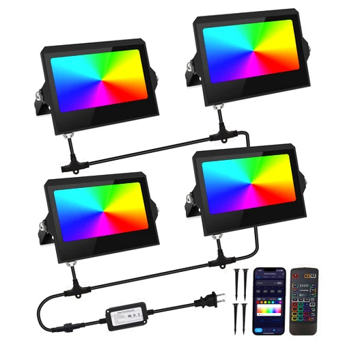 YAYZA! LED Flood Light Outdoor, RGBW Floodlight App / Remote / Voice Control, IP66 Waterproof 300W Equivalent Uplight, DIY Scenes/Timing YAYZA!