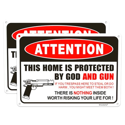 Showbellia 2 Pack Gun Signs This Home is Protected By GOD and Gun Rust Free Aluminum, Weather/Fade Resistant, Easy Mounting, Indoor/Outdoor Use Metal Gun Sign (10