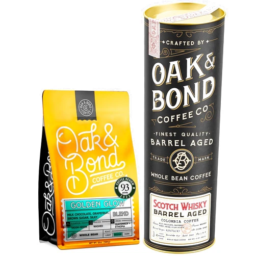 Oak & Bond Coffee Co. Golden Glow Blend and Scotch Whisky Barrel Aged Coffee Bundle - Whole Bean, 22oz. Total