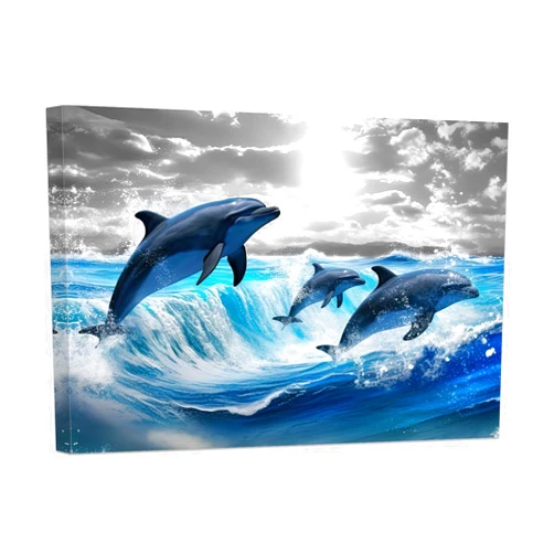 DOARTDO Dolphins Wall Art Jumping Dolphin Canvas Pictures Black White Seascape Prints Blue Waves Painting for Living Room Home (16.00