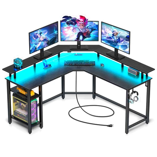 Rolanstar L Shaped Gaming Desk with LED Lights & Power Outlets, 53