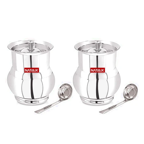 NATULIX Stainless Steel Ghee Pot | Oil Pot | Ghee Pot with Spoon and Lid | 400ml | Silver | Pack of 2 (400ml 2) (Echo)