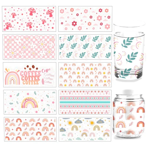 arricraft 10 Sheets Bohemian Styles UV DTF Cup Wrap Transfer Stickers, 9.45x4.33 Inchs Pink Rainbow Mushrooms Rub on Transfers Decal for 16OZ Glass Cups Furniture Craft Wood DIY Crafts