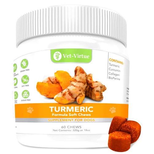 VET-VIRTUE Turmeric for Dogs - Organic Turmeric with Curcumin, Hip and Joint Supplement Dogs Soft Chew, with Collagen and Bioprene, High Absorption Eliminates Joint Pain Inflammation - 60 Count
