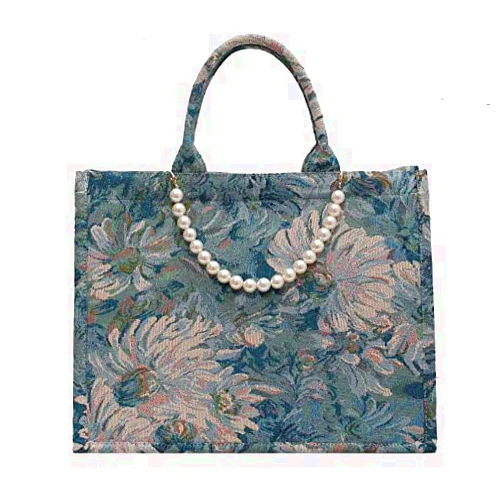 MOMEITU Fashion luxury tote bag cotton linen one shoulder large capacity jacquard embroidery retro Oil Painting handbag