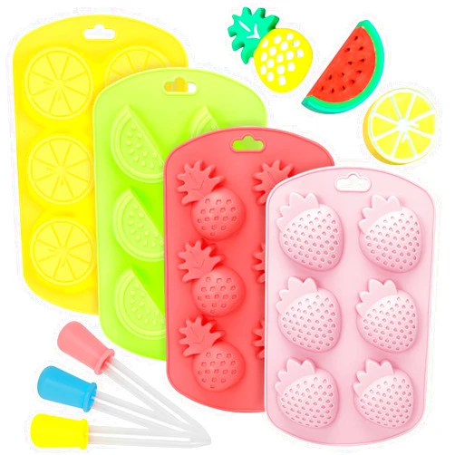 Zasukol 4PCS Fruit Shape Silicone Mold with 3Pcs Dropper, Pineapple Lemon Watermelon Strawberry Baking Tray, 3D Fruit Snack Molds for DIY Chocolate Candy Gummy Fondant Ice Cube Cake Candle Decoration