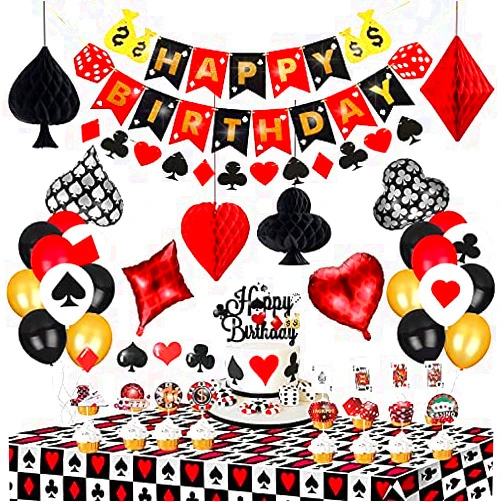 C L cooper life 58pcs Casino Poker Party Decorations,Poker Theme Birthday Banner Garland, Foil Balloons, Honeycomb Pom Poms,Cake Cupcake Topper and Tablecloth for Las Vegas Night Casino Birthday Supplies