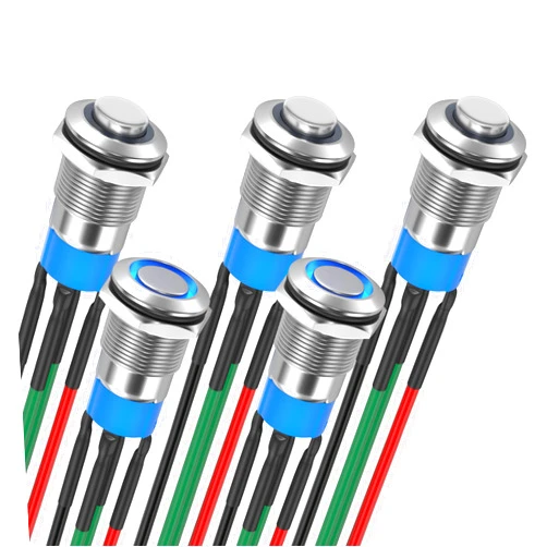 DaierTek 12MM Latching Push Button Switch 12V Push Button Switch Silver Shell Blue LED Lighted Waterproof Marine Push Button Pre-Wired 4 Pin ON Off Latching Switch -5pcs