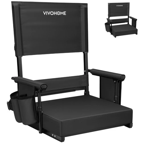 VIVOHOME Height Adjustable High Back Stadium Seat with Back Support and Cushion, Portable Bleacher Chair with Cup Holder and Shoulder Strap, Black
