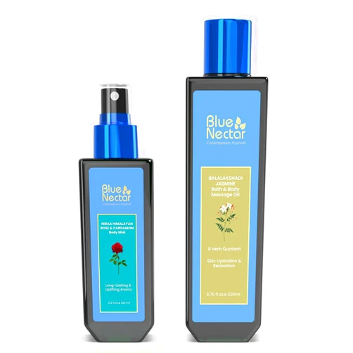 Blue Nectar Aromatherapy Duo: Uplifting Body Mist with Himalayan Rose & Cardamom + Sensuous Jasmine Body Massage Oil - Long-Lasting Freshness and Relaxing Therapy (3.4 Fl oz & 6.76 Fl oz)