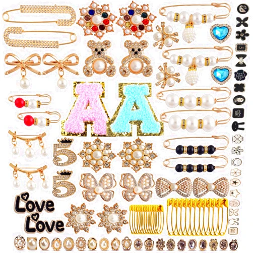Cmidy Charms for Socks Safety Pins 100pcs Brooches and Pins for Women Gold Junk Sock Charms Pins Jewelry Accessories Bulk Rhinestone Pearl Brooch Pins Button Pins for Women Clothes Hats Shoes Scarf Shawl
