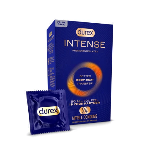 Durex Intense Nitrile Condoms, Ultra Thin Premium Non Latex Condoms Lubricated with Silicone Lube, 24 ct