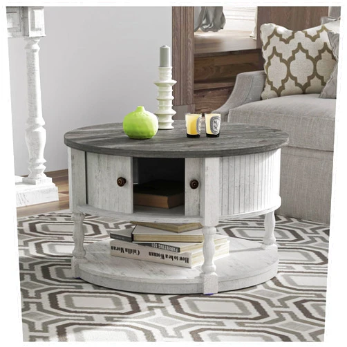 Vanvuson Round Coffee Table with Storage,Farmhouse Coffee Table with Sliding Cabinet Door,Round Coffee Tables for Living Room,2-Tier Small Coffee Table,31.5