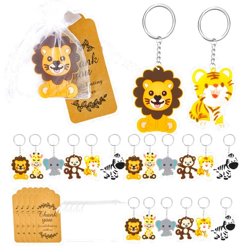 MTLEE 90 Sets/ 270 Pieces Cute Jungle Animal Keychains Safari Baby Shower Decorations Zoo Animals Decoration with Thanks Tags and Organza Bags for Birthday Favor