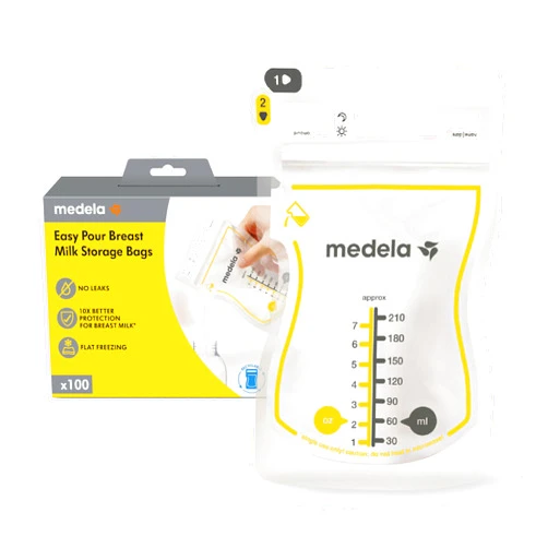 Medela New Easy Pour Recyclable Breastmilk Storage Bags, BPA Free, 100 Count 7oz/210ml, Disposable Leakproof Breast Milk Bags with Milk Protection