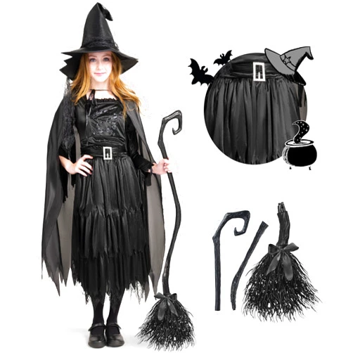 Spooktacular Creations Classic Child Witch Costume Gothic Sorceress Girl Black Witch with Broom for Halloween (X-Large(12-14yr))