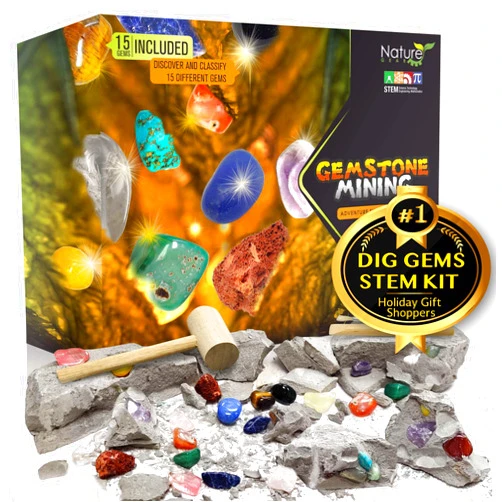 Nature Gear Gemstone Dig Kit for Kids, Educational Crystal Excavation Kit with 15 Mystery Gems, Interactive Adventure Fossil Mining Toy for Kids Age 3-5 and Up