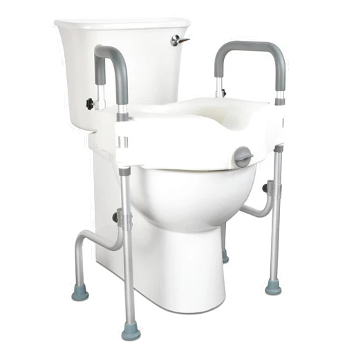 Angol Shiold Lock Raised Toilet Seat with Handles, 5 Inch Toilet Seat Riser Heavy Duty with Adjustable Arms and Legs Fits Most Toilets, Elevated Toilet Seat 300 LBS(Regular, Grey+White）