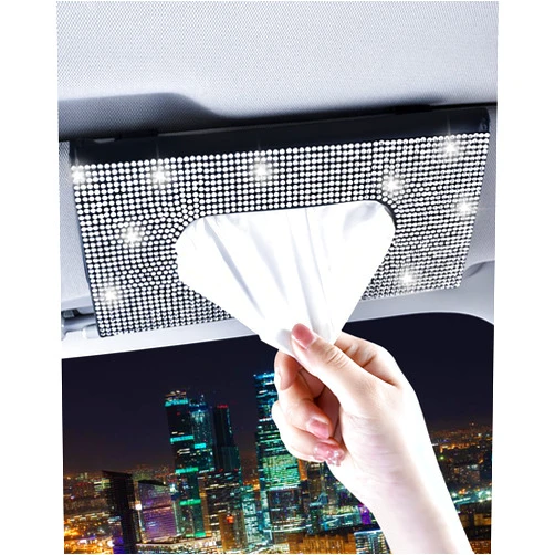 Xuduvay Bling Car Sun Visor Tissue Box Holder,PU Leather with Bling Crystal Rhinestones Tissue Holder,Car Accessories for Women (Black)
