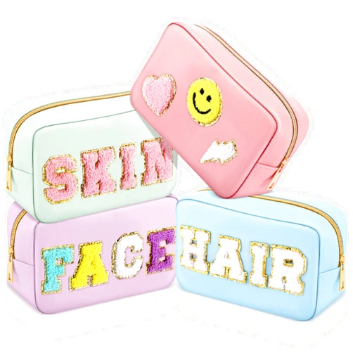 Sanwuta 4 Pcs Hair Face Skin Travel Bag Set Preppy Makeup Pouch PU Leather Skincare Bag Waterproof Cosmetic Organizer Birthday Christmas Gifts(Blue, Pink, Green, Purple,Fresh Style)