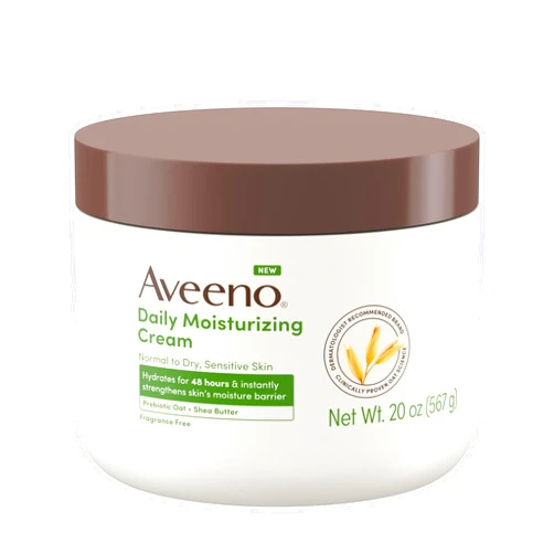 Aveeno Daily Moisturizing Cream with Prebiotic Oat & Shea Butter, Body, Face & Hand Cream for Normal to Dry, Sensitive Skin Hydrates for 48 Hours, Fragrance Free & Non-Comedogenic, 20 Oz
