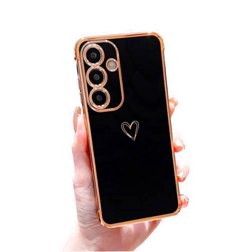 DEFBSC Compatible with Samsung Galaxy S24/S25 Case with Gold Heart, Luxury Plating Edge Bumper Cute Case with Full Camera Protection for Women Girls, Anti-Scratch Shockproof Phone Cover, Black