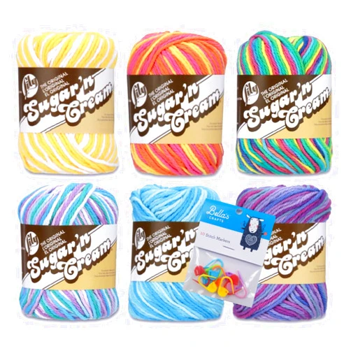 Bella's Crafts Lily Sugar'n Cream 100% Cotton Yarn 6-Pack Bundle with Bella's Crafts Stitch Markers (Ombre Fun Mix)