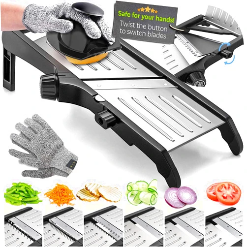 Gramercy Kitchen Company Gramercy Adjustable Mandoline Slicer for Kitchen, Potato Cutter, Vegetable Chopper, Mandolin, Cucumber Slicer- INCLUDING one Pair Cut-Resistant Gloves and Waffle Fry Cutter