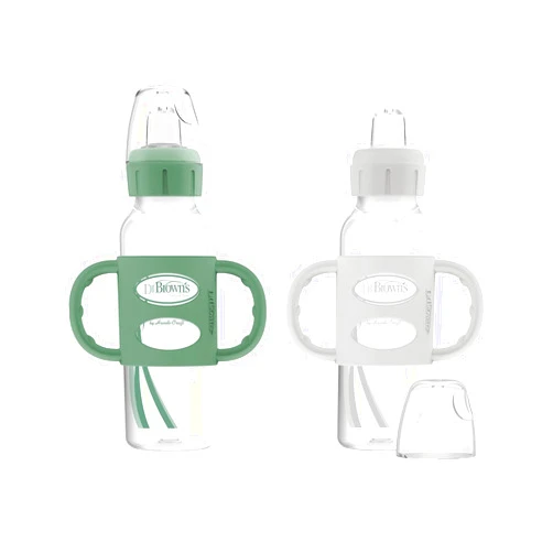 Dr. Brown's Milestones Narrow Sippy Spout Bottle with 100% Silicone Handles, Easy-Grip Handles with Soft Sippy Spout, 8oz/250mL, Green & Gray, 2-Pack, 6m+