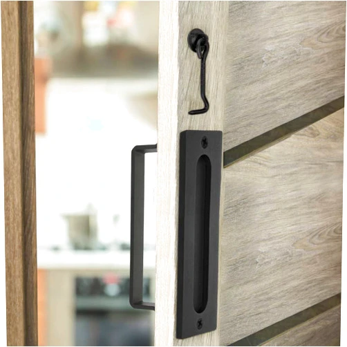 J JHOUSELIFESTYLE Barn Door Handles Matte Black - Easy to Install, Heavy Duty Barn Door Handle with Flush Pull and Lock Latch