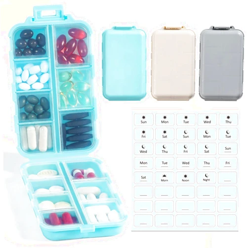 LANDNEOO 3 Pack, 14 GRIDS Travel Pill Organizer Box with Labels - Travel Medicine Case Kit - Pocket Daily Pharmacy Container - Travel Medication Holder Dispenser for Fish Oil Vitamin Supplement Storage