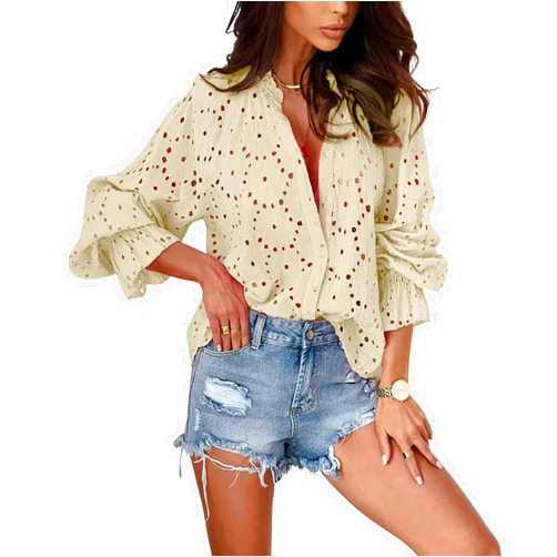chouyatou Women's Boho Crochet Shirts Lantern Sleeve Button Down Lace Eyelet Blouse Tops
