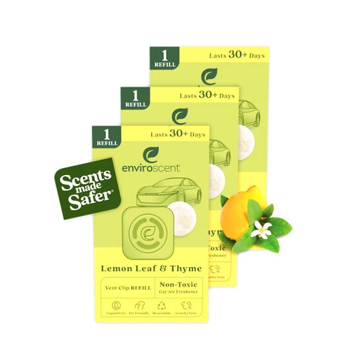 Enviroscent Non-Toxic Car Air Freshener (Lemon Leaf & Thyme) Car Air Freshener Infused with Essential Oils | Car Scent Lasting Over 30 Days | 3 Car Vent Clip Air Freshener Scent Pod Refills