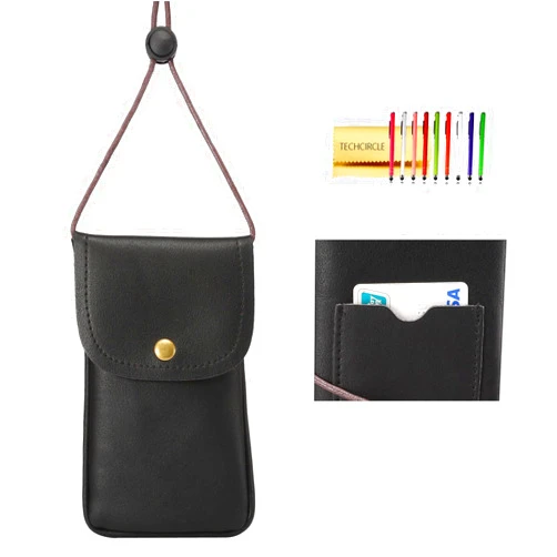 TECHCIRCLE Cell Phone Neck Pouch PU Leather Carrying Bag with Credit Card Holder Adjustable Strap, Small Travel Purse for iPhone 11 XR XS Max SE 8 7 6 Plus, Galaxy S10 S7 Edge A10 J7, Moto G6 (Black)