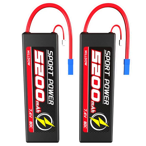 Hilldow 7.4V Lipo Battery 2S 65C 5200mAh Lipos Hard Case Rechargeable Batteries with EC5 Connector for RC Car Trucks 1/8 1/10 RC Vehicles Boat (2 Packs)