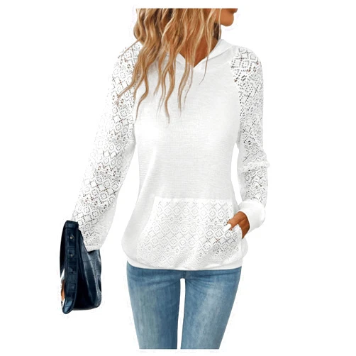 SweatyRocks Women's Hoodie with Pockets Embroidery Hollow Lace Tops Hooded Sweatshirts