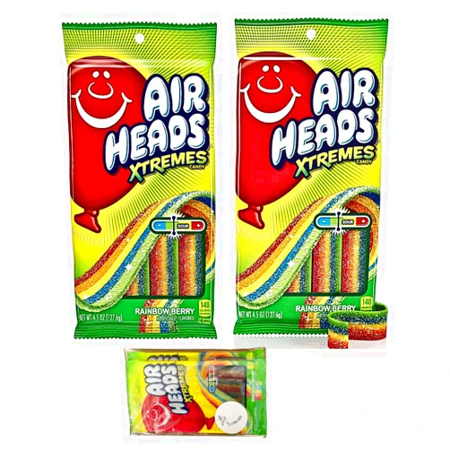 CHIRPFINDS Airheads Xtremes Belts Sour Candy, Rainbow Berry, Non Melting, Bulk Party Bag, 4.5 oz, (Pack of 2), with CHIRPFINDS STICKER