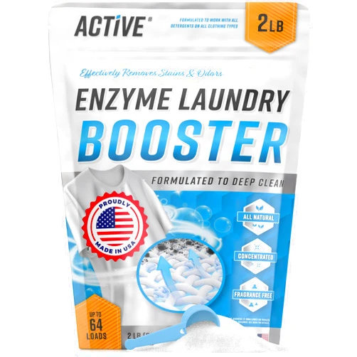ACTIVE Enzyme Laundry Booster Odor Remover - 2 lbs Unscented Enzymatic Clothes Stain Cleaner Powder, Natural Deodorizer with Bio Active Enzymes, Detergent Additive Eliminator for Sweat, Oil, Blood - 64 Loads